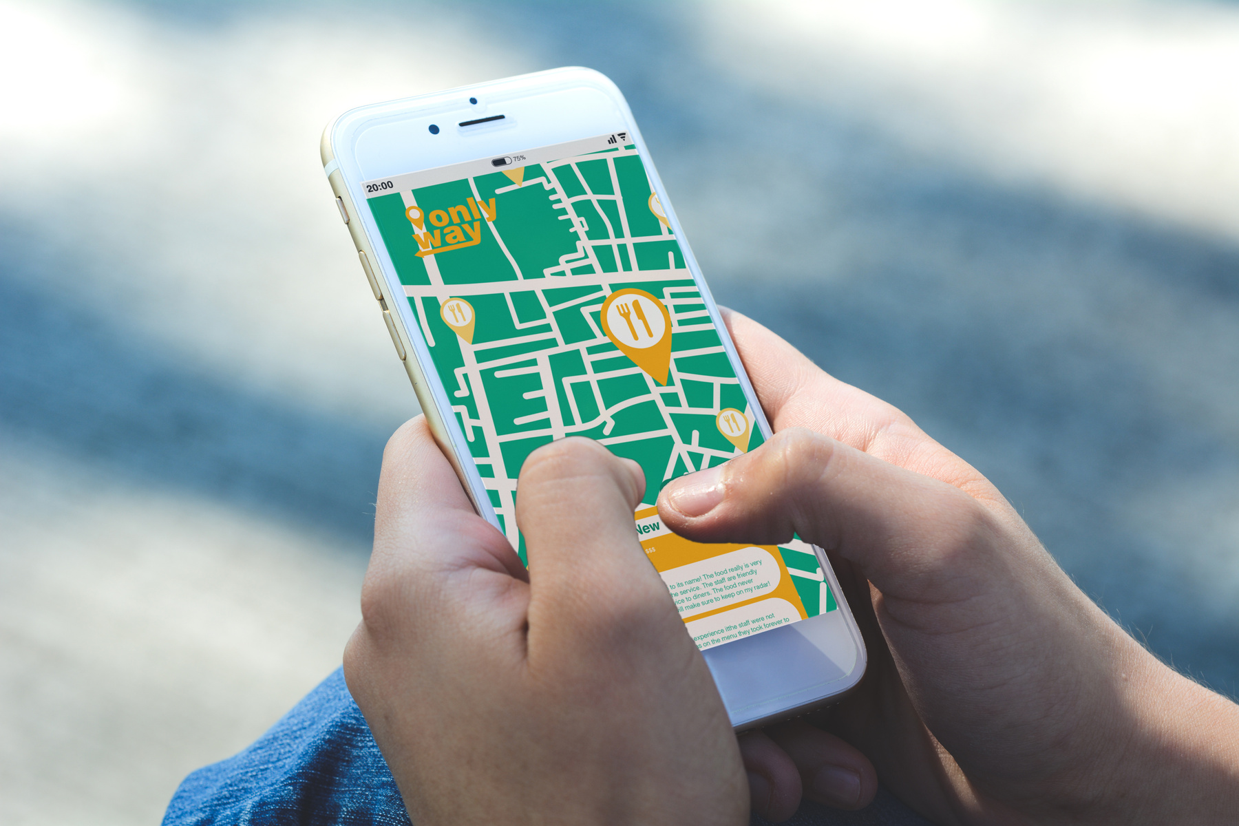 Woman Using GPS Map Navigation App to Find a Restaurant